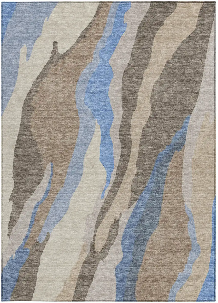 Taupe Tan And Blue Abstract Washable Indoor Outdoor Area Rug Photo 7