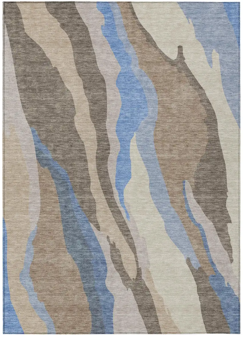 Taupe Tan And Blue Abstract Washable Indoor Outdoor Area Rug Photo 2