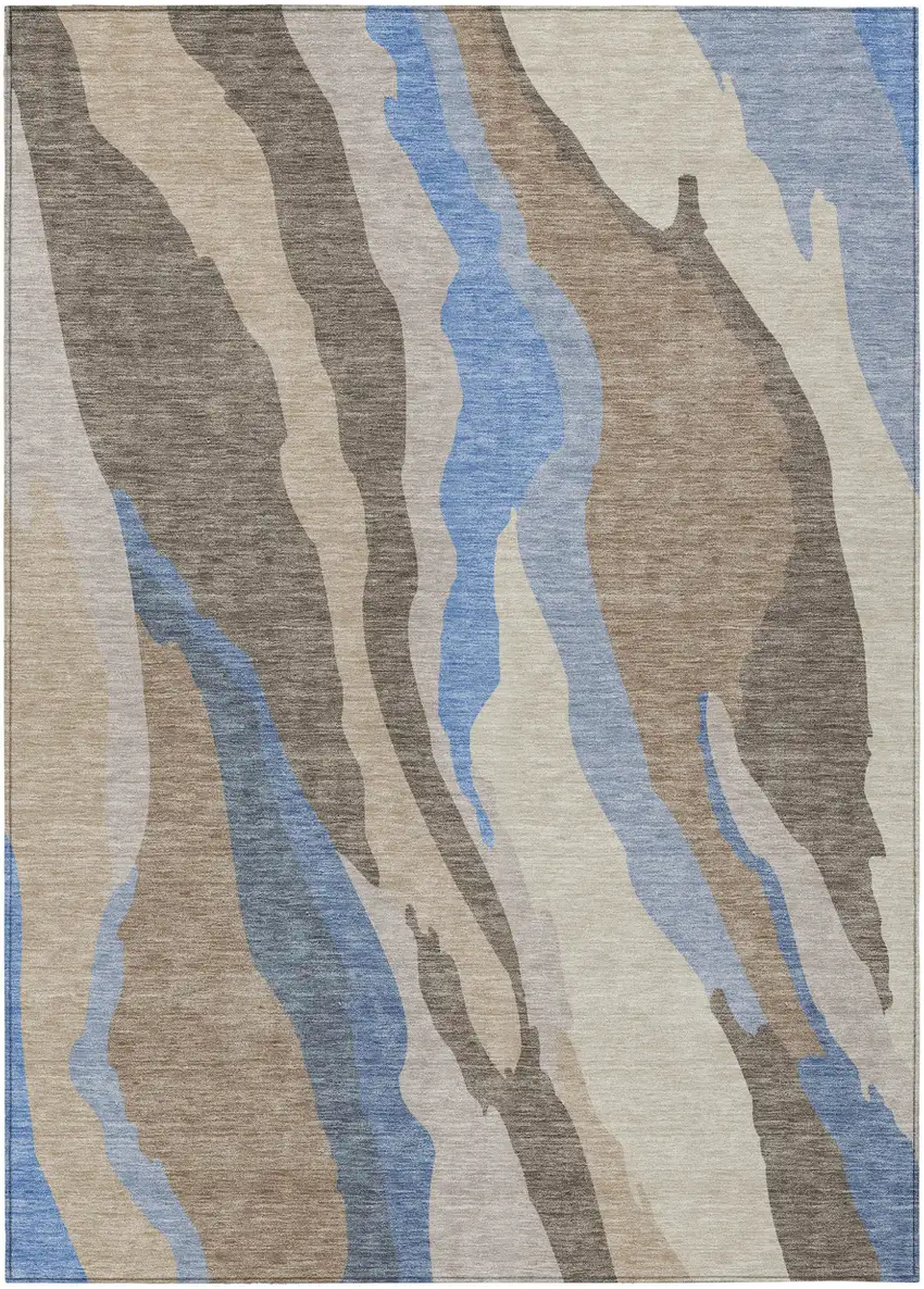 Taupe Tan And Blue Abstract Washable Indoor Outdoor Area Rug Photo 2