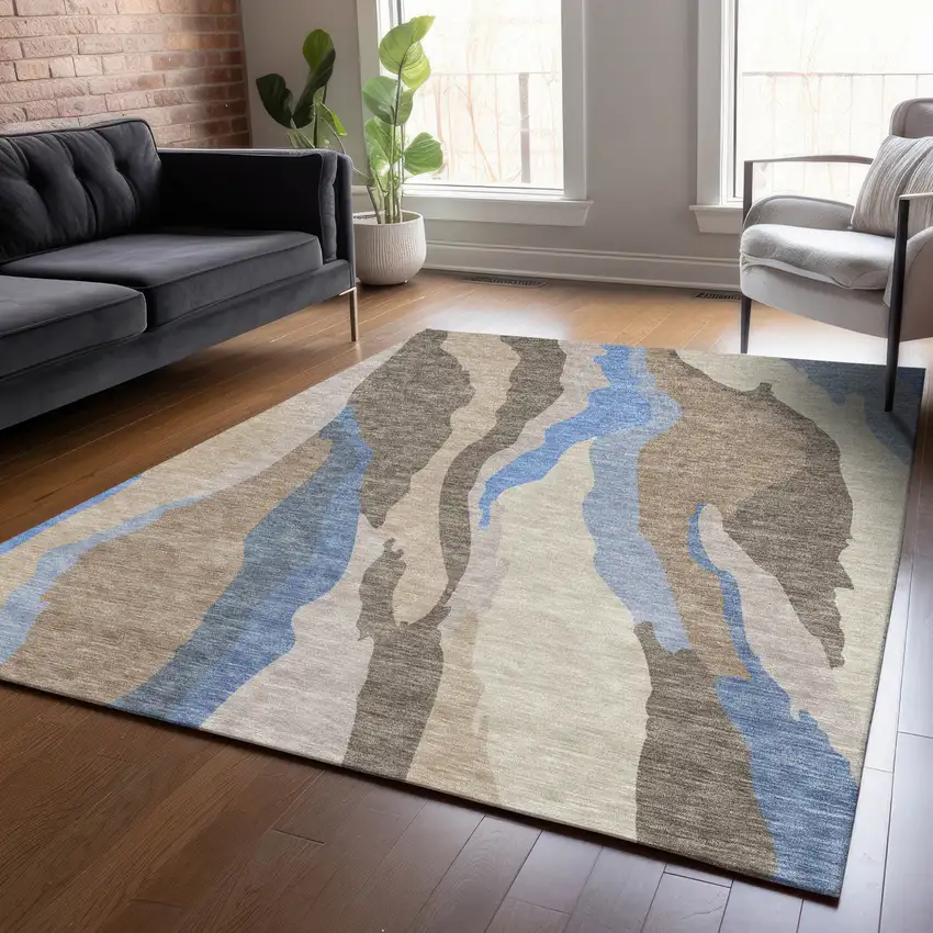 Taupe Tan And Blue Abstract Washable Indoor Outdoor Area Rug Photo 9