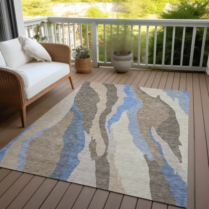 Taupe Tan And Blue Abstract Washable Indoor Outdoor Area Rug Photo 8