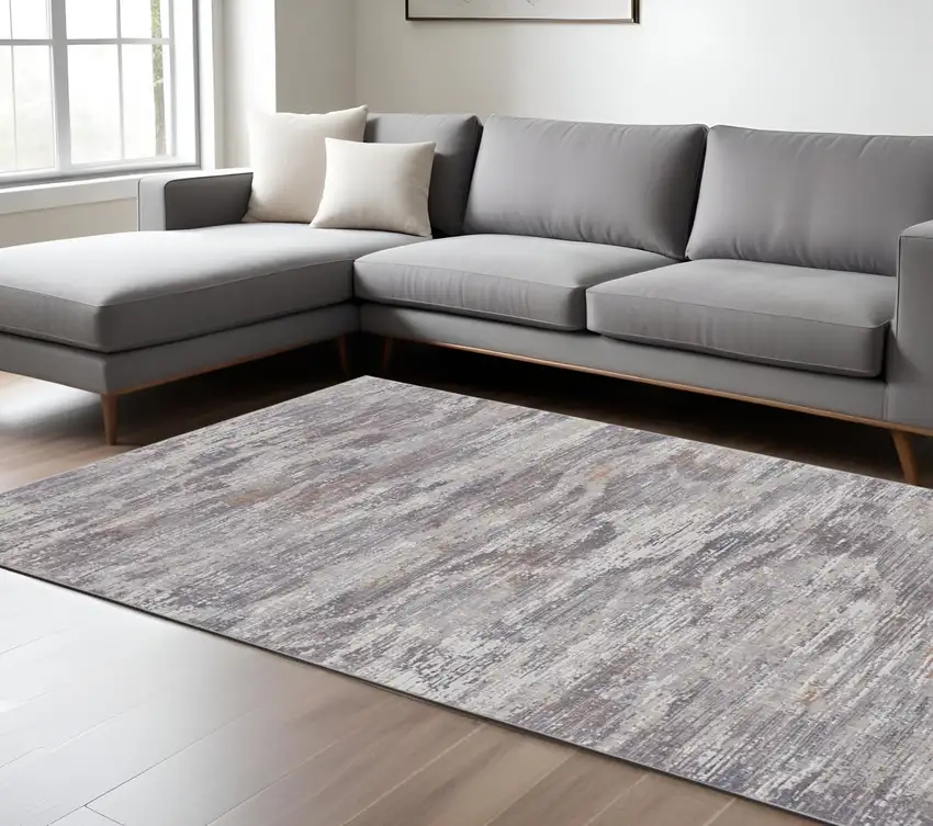 Taupe Tan and Orange Abstract Power Loom Distressed Area Rug Photo 1