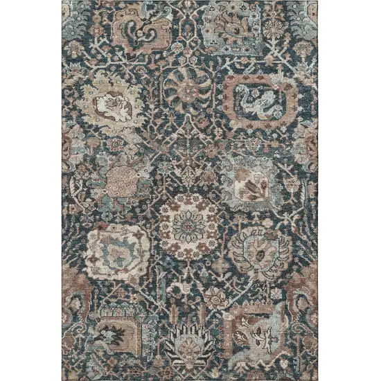 Taupe Teal And Brown Floral Washable Area Rug With UV Protection Photo 3