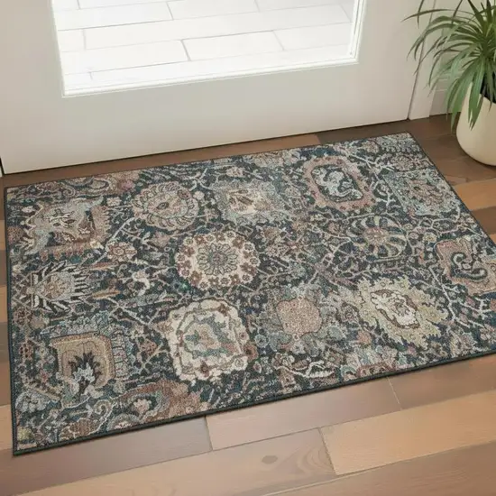 Taupe Teal And Brown Floral Washable Area Rug With UV Protection Photo 2