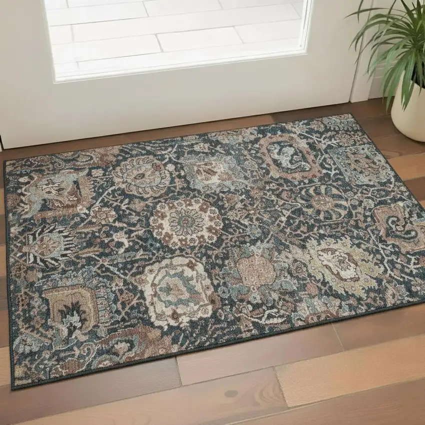 Taupe Teal And Brown Floral Washable Area Rug With UV Protection Photo 2