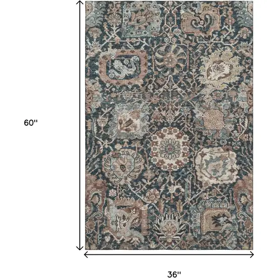 Taupe Teal And Brown Floral Washable Area Rug With UV Protection Photo 3