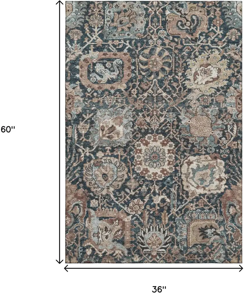 Taupe Teal And Brown Floral Washable Area Rug With UV Protection Photo 3