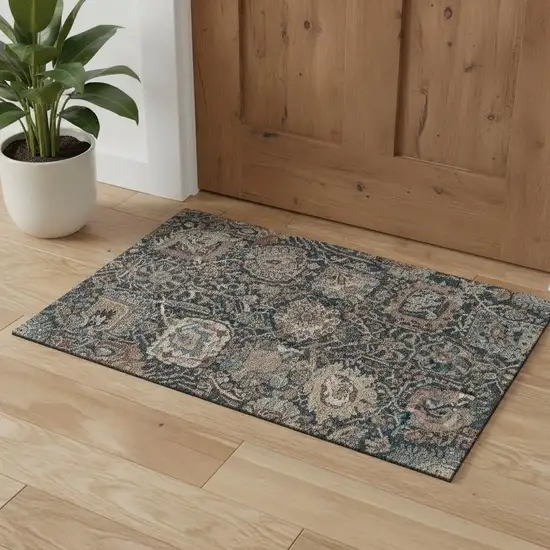 Taupe Teal And Brown Floral Washable Area Rug With UV Protection Photo 1