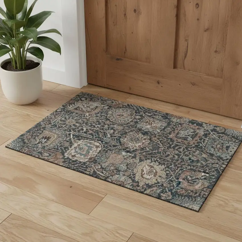 Taupe Teal And Brown Floral Washable Area Rug With UV Protection Photo 1