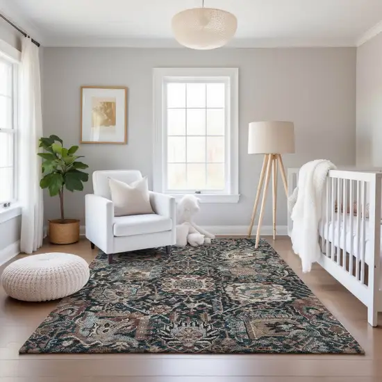 Taupe Teal And Brown Floral Washable Area Rug With UV Protection Photo 5