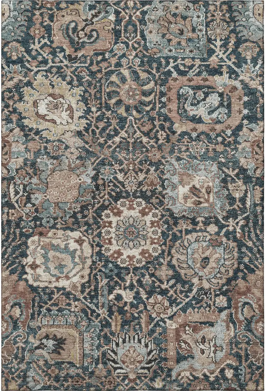 Taupe Teal And Brown Floral Washable Area Rug With UV Protection Photo 3