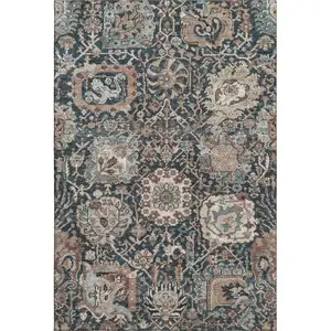 Photo of Taupe Teal And Brown Floral Washable Area Rug With UV Protection