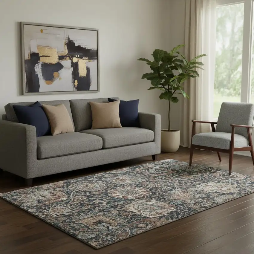 Taupe Teal And Brown Floral Washable Area Rug With UV Protection Photo 2