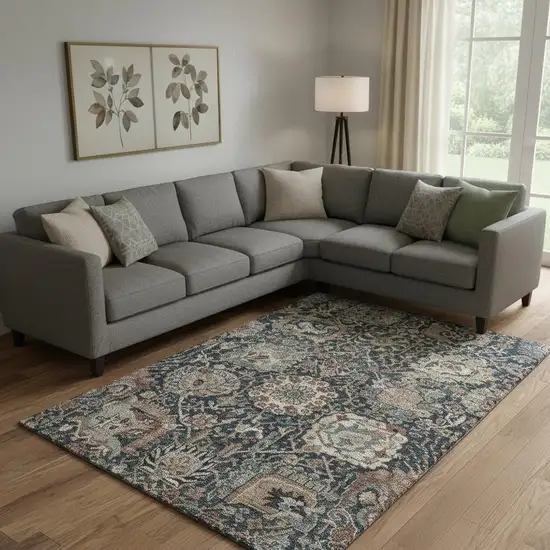 Taupe Teal And Brown Floral Washable Area Rug With UV Protection Photo 2