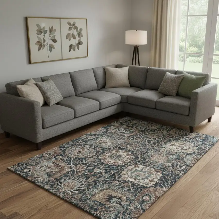 Taupe Teal And Brown Floral Washable Area Rug With UV Protection Photo 2