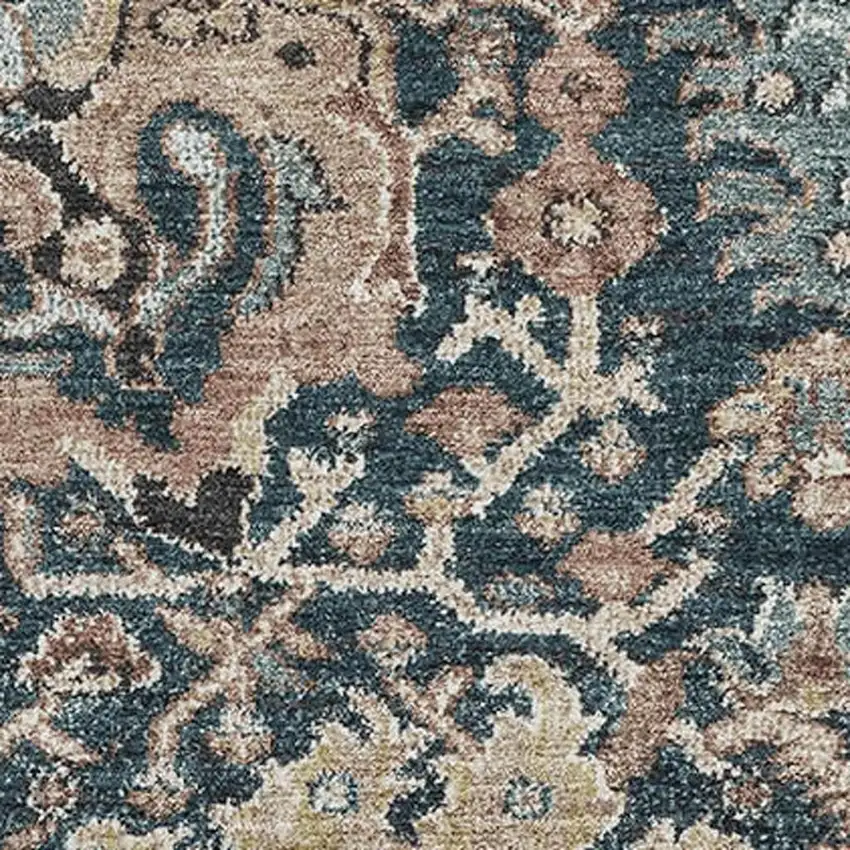 Taupe Teal And Brown Floral Washable Area Rug With UV Protection Photo 2