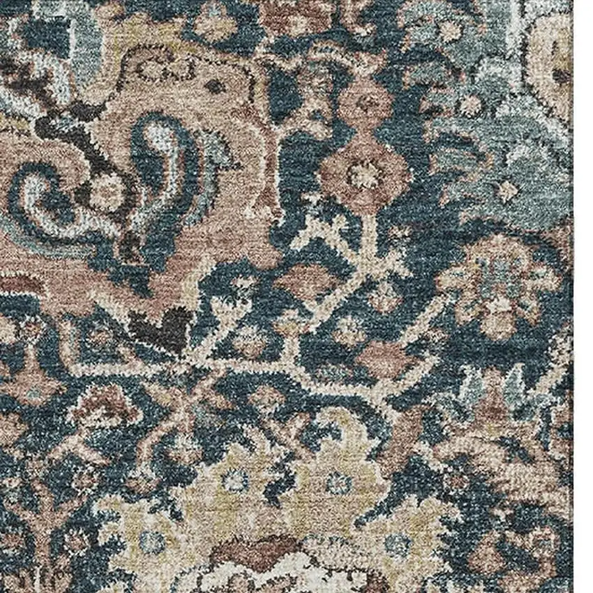 Taupe Teal And Brown Floral Washable Area Rug With UV Protection Photo 3