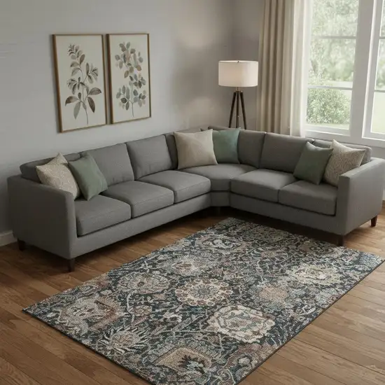 Taupe Teal And Brown Floral Washable Area Rug With UV Protection Photo 2