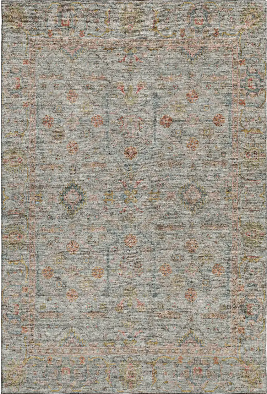 Taupe Teal And Coral Floral Washable Area Rug With UV Protection Photo 1