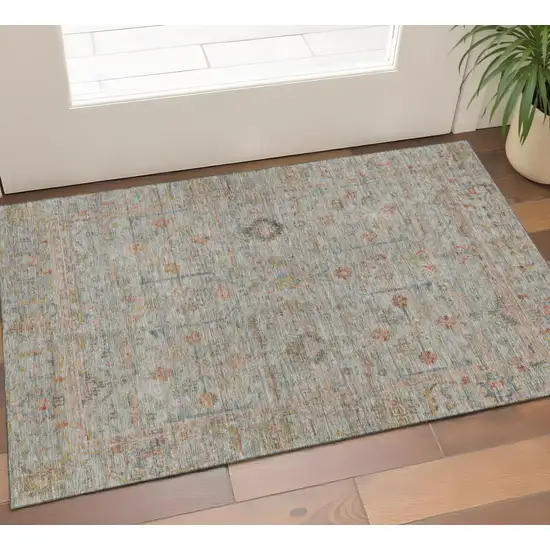 Taupe Teal And Coral Floral Washable Area Rug With UV Protection Photo 1