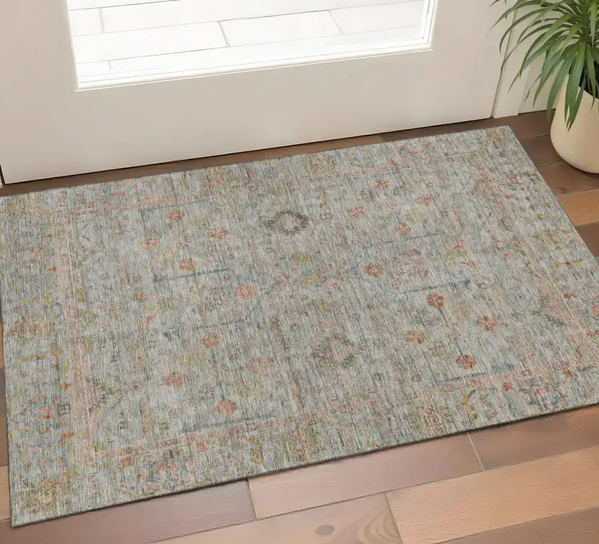Taupe Teal And Coral Floral Washable Area Rug With UV Protection Photo 1