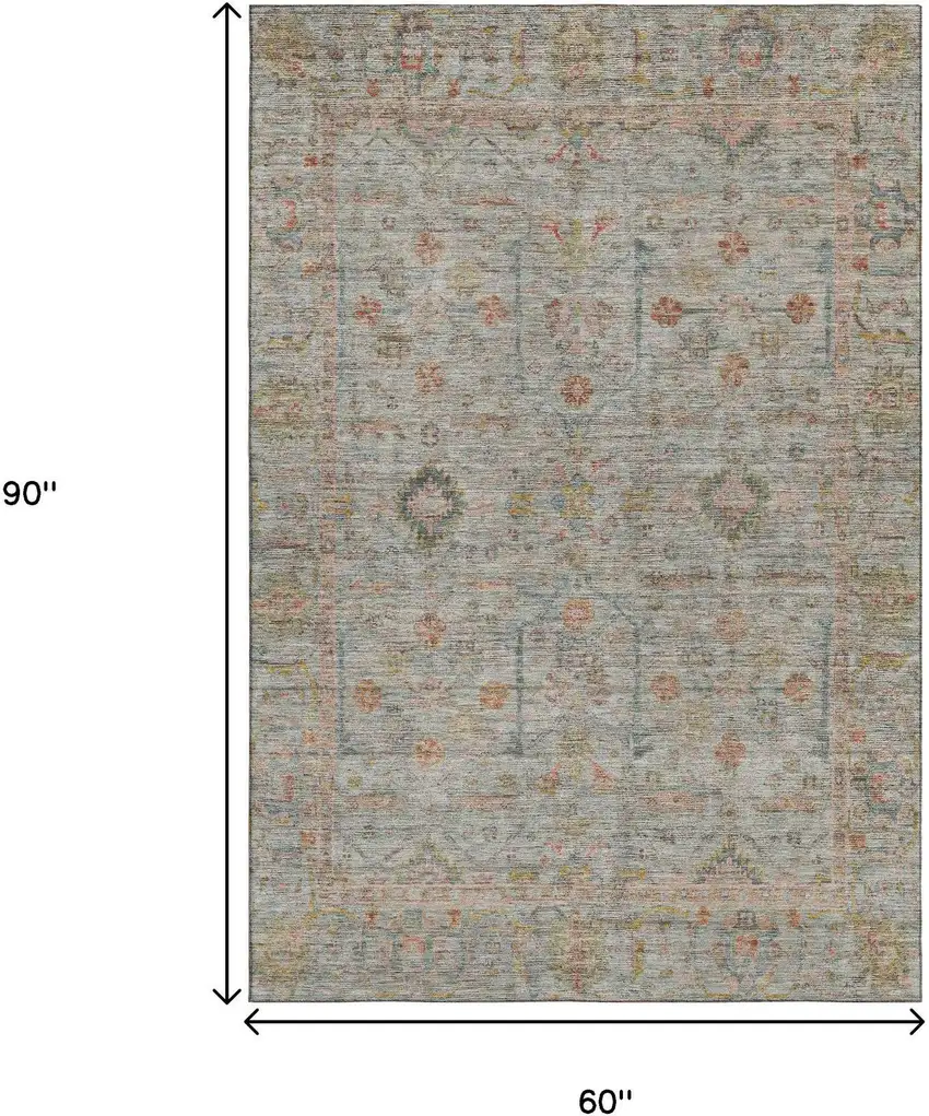Taupe Teal And Coral Floral Washable Area Rug With UV Protection Photo 6
