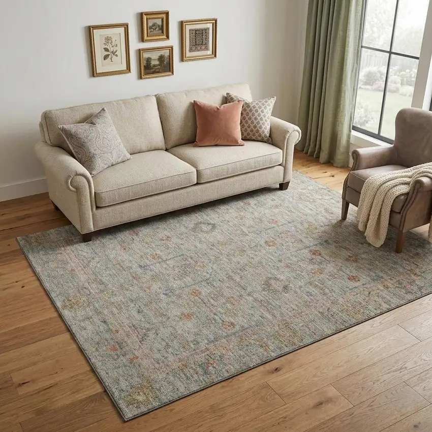 Taupe Teal And Coral Floral Washable Area Rug With UV Protection Photo 1
