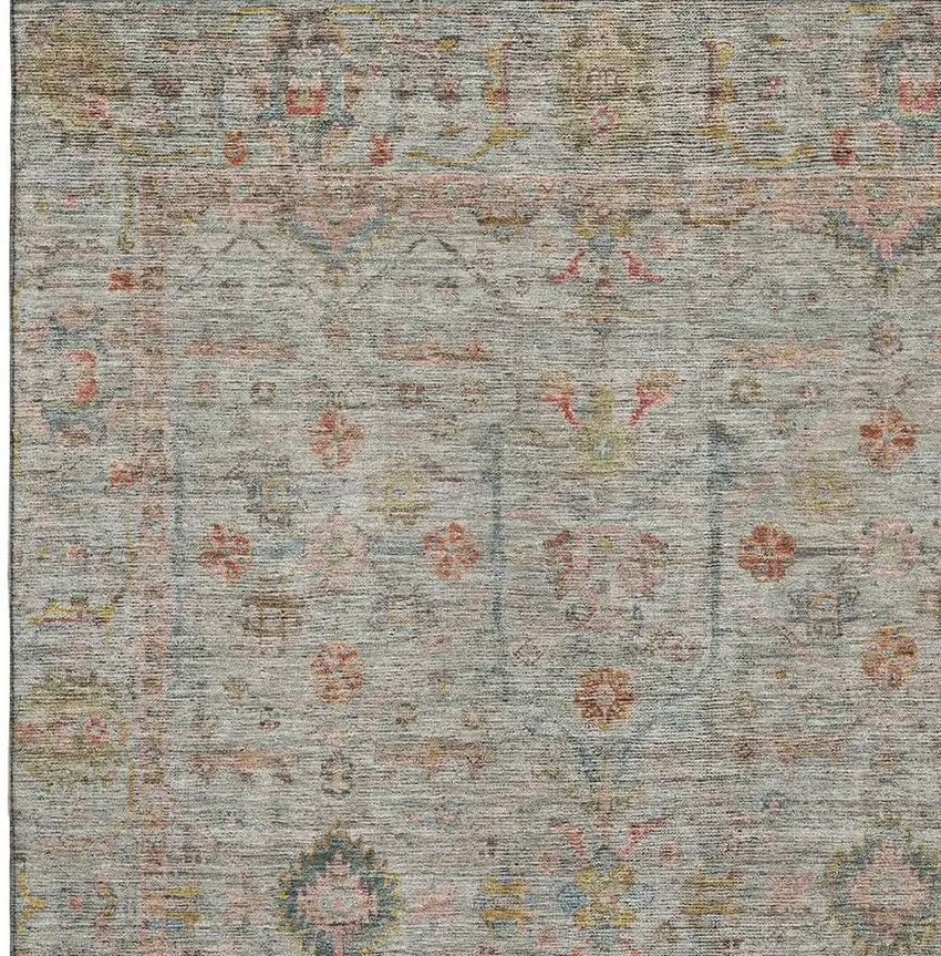 Taupe Teal And Coral Floral Washable Area Rug With UV Protection Photo 2