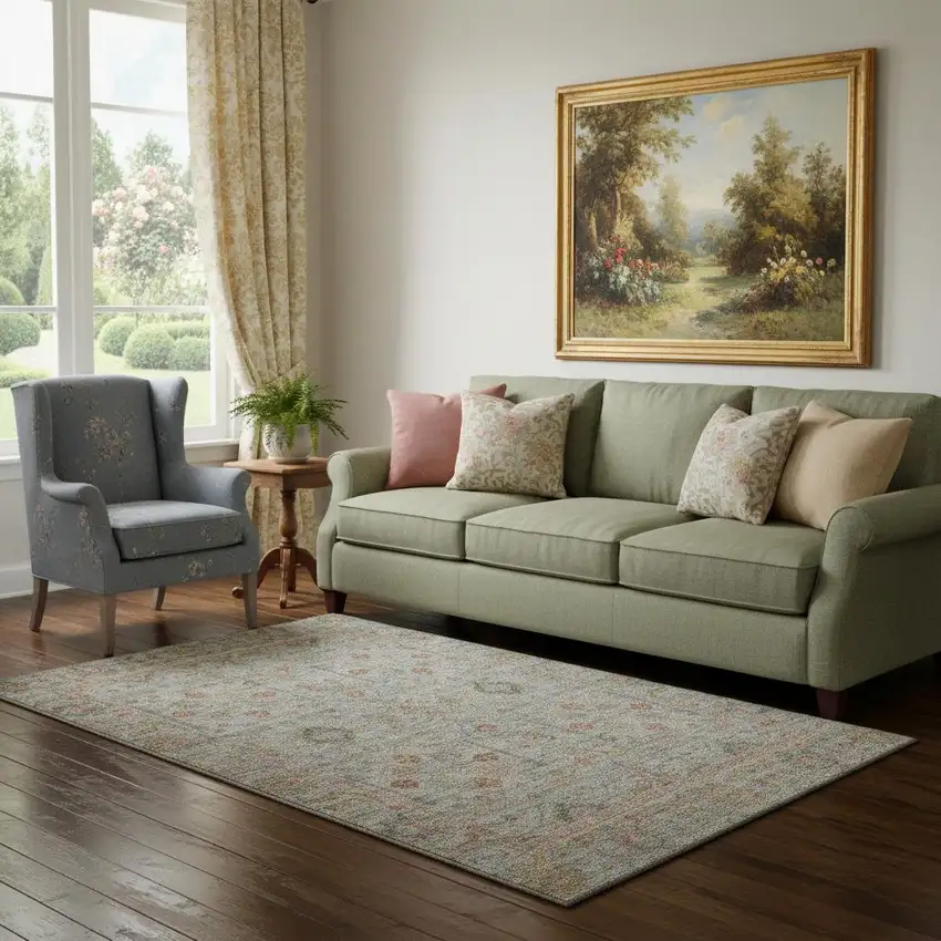 Taupe Teal And Coral Floral Washable Area Rug With UV Protection Photo 2