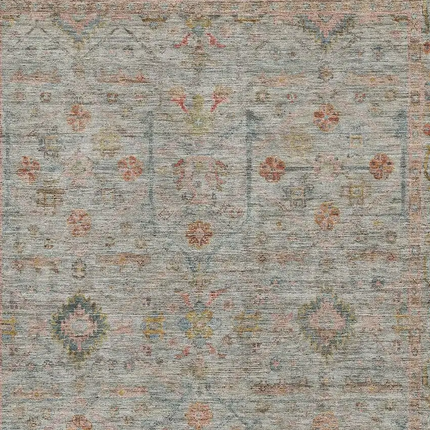 Taupe Teal And Coral Floral Washable Area Rug With UV Protection Photo 2