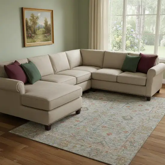 Taupe Teal And Coral Floral Washable Area Rug With UV Protection Photo 2