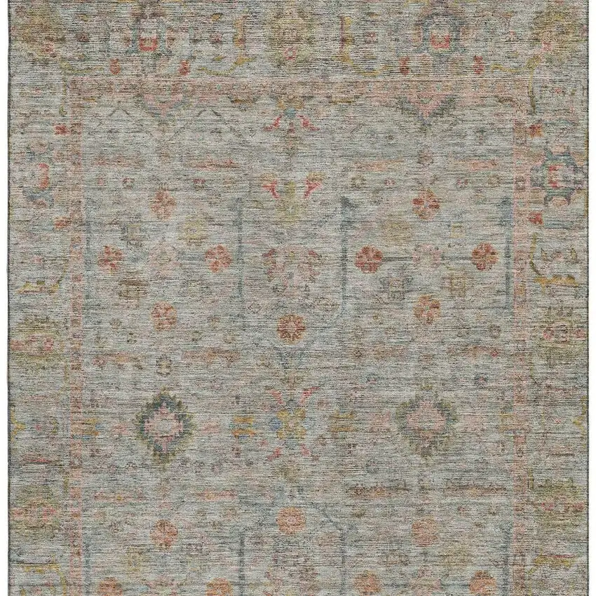 Taupe Teal And Coral Floral Washable Area Rug With UV Protection Photo 3