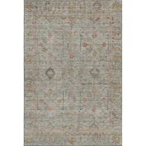 Photo of Taupe Teal And Coral Floral Washable Area Rug With UV Protection