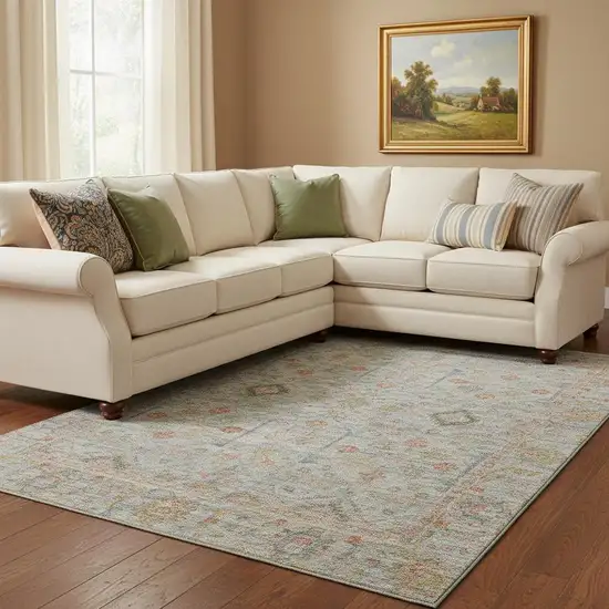 Taupe Teal And Coral Floral Washable Area Rug With UV Protection Photo 2