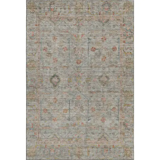 Taupe Teal And Coral Floral Washable Area Rug With UV Protection Photo 1