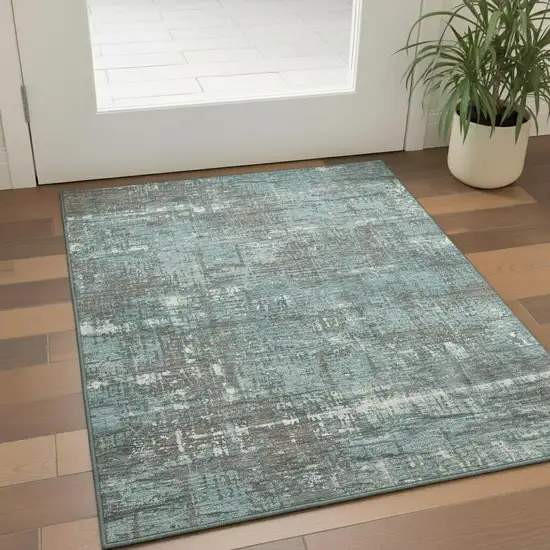Taupe Teal And Ivory Geometric Washable Area Rug With UV Protection Photo 2