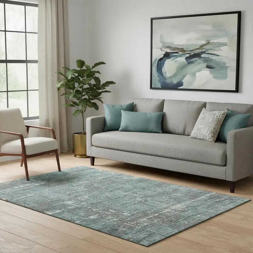 Taupe Teal And Ivory Geometric Washable Area Rug With UV Protection Photo 2