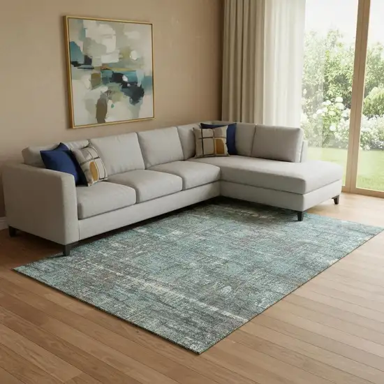 Taupe Teal And Ivory Geometric Washable Area Rug With UV Protection Photo 2