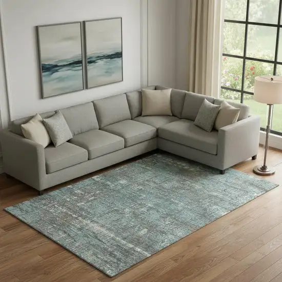 Taupe Teal And Ivory Geometric Washable Area Rug With UV Protection Photo 2
