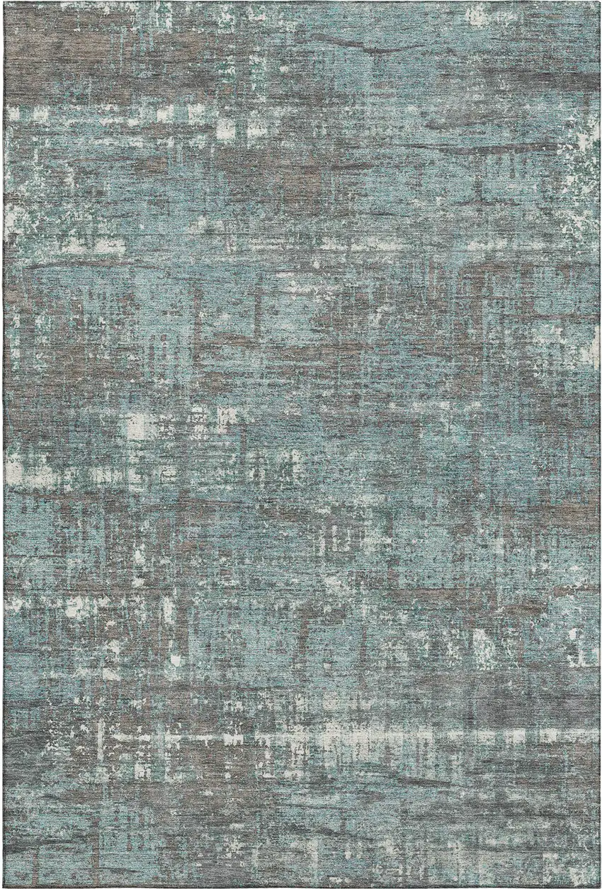 Taupe Teal And Ivory Geometric Washable Area Rug With UV Protection Photo 1