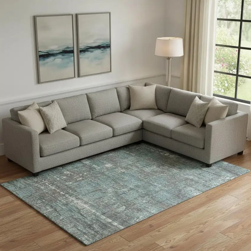 Taupe Teal And Ivory Geometric Washable Area Rug With UV Protection Photo 2