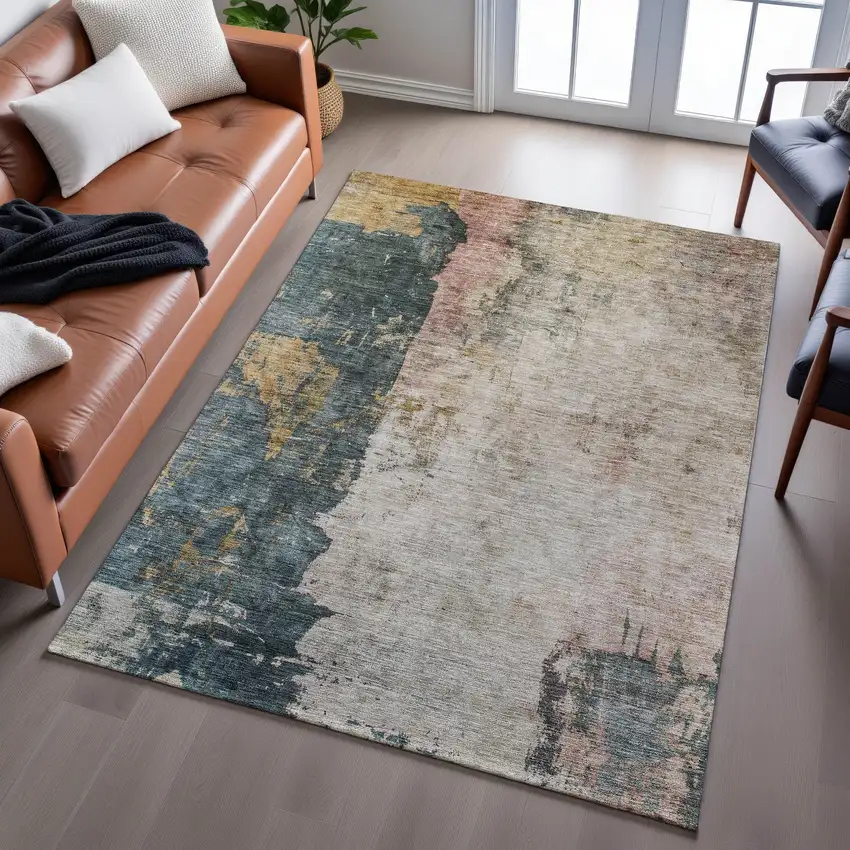 Taupe Teal And Pink Abstract Washable Area Rug With UV Protection Photo 5