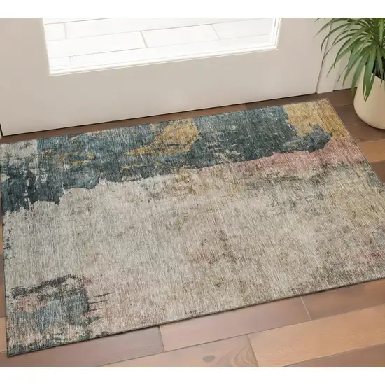 Taupe Teal And Pink Abstract Washable Area Rug With UV Protection Photo 1