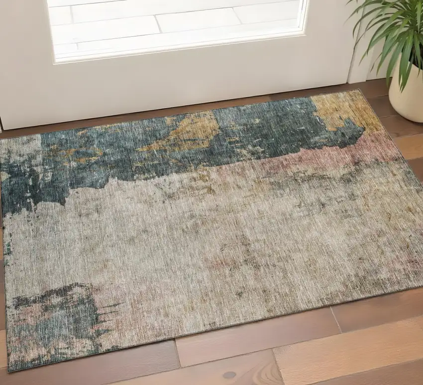 Taupe Teal And Pink Abstract Washable Area Rug With UV Protection Photo 1