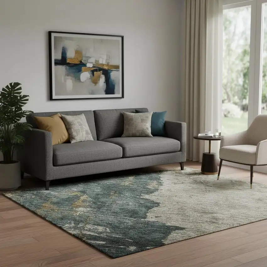 Taupe Teal And Pink Abstract Washable Area Rug With UV Protection Photo 2