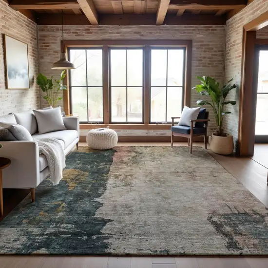 Taupe Teal And Pink Abstract Washable Area Rug With UV Protection Photo 4