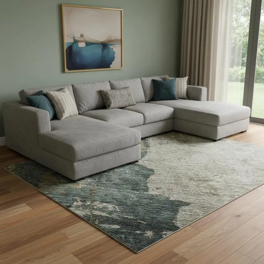 Taupe Teal And Pink Abstract Washable Area Rug With UV Protection Photo 2