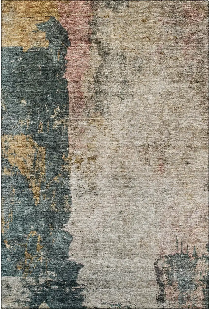 Taupe Teal And Pink Abstract Washable Area Rug With UV Protection Photo 5