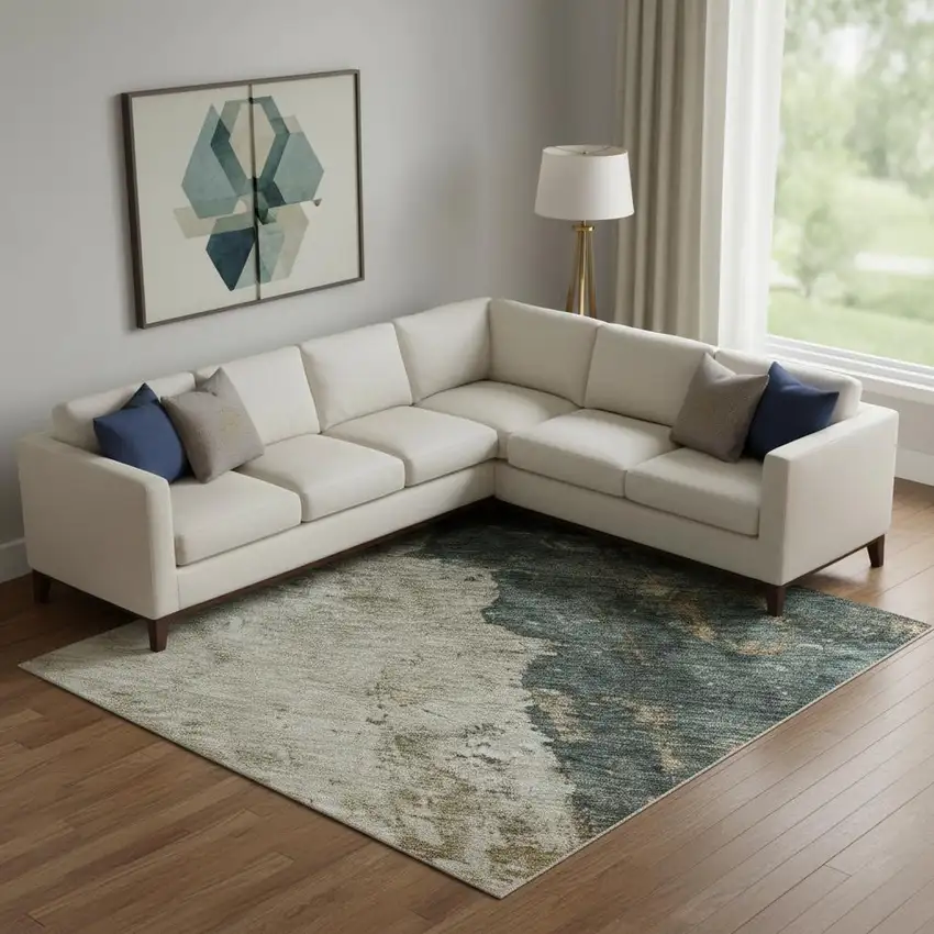 Taupe Teal And Pink Abstract Washable Area Rug With UV Protection Photo 2