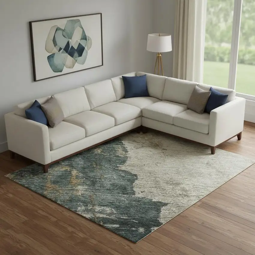 Taupe Teal And Pink Abstract Washable Area Rug With UV Protection Photo 2